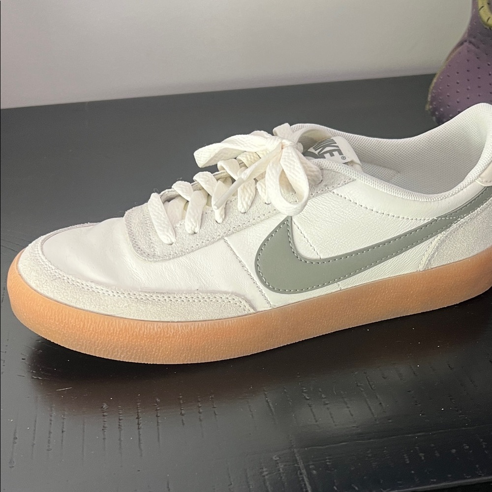 Nike White Leather Sneaker with Sage Swoosh and Gum Sole